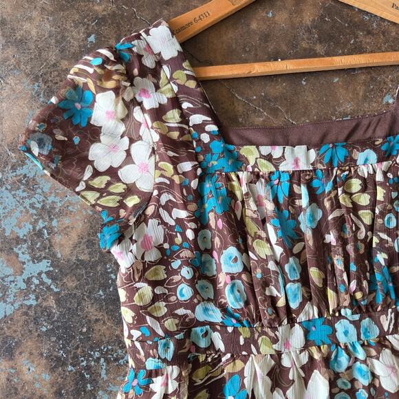 Vintage Y2K Floral Print Milkmaid Dress Size 14 P Brown Flutter Sleeve Chiffon - Picture 2 of 8
